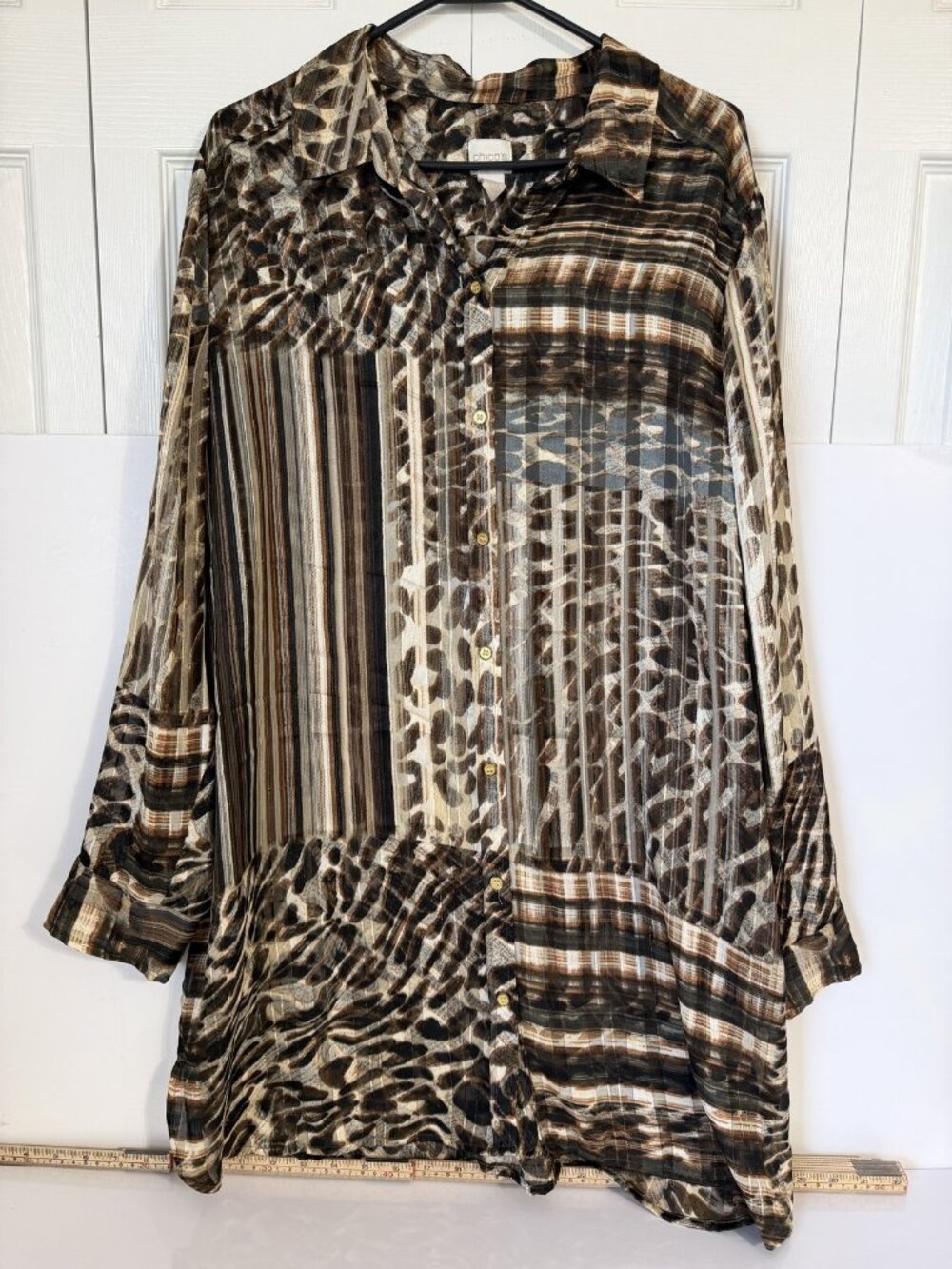 Chico's Top Womens 3 Brown Animal Print Long Sleeve Button Front Tunic Blouse